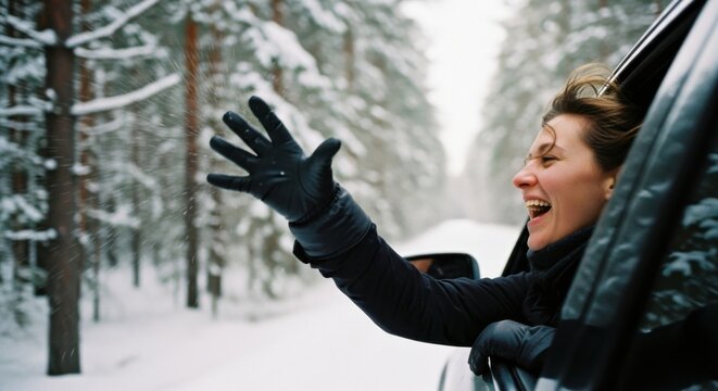 Joyful winter car ride through snowy forest capturing the essence of freedom and adventure - Powered by Adobe