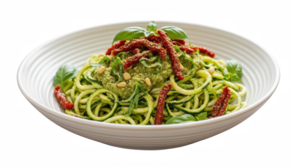 Entrée Raw Zucchini Pasta Spiralized zucchini noodles tossed in a raw pesto sauce made from fresh basil, pine nuts,  olive oil,  sun-dried tomatoes, nutritional yeast Isolated  Transparent Background