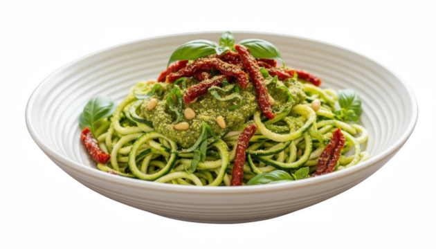Entrée Raw Zucchini Pasta Spiralized zucchini noodles tossed in a raw pesto sauce made from fresh basil, pine nuts,  olive oil,  sun-dried tomatoes, nutritional yeast Isolated  Transparent Background