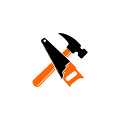 A graphic illustration featuring a hammer and saw, crossed over each other, on a white background.