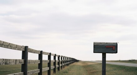 Rural landscape with wooden mailbox and fence along a country road