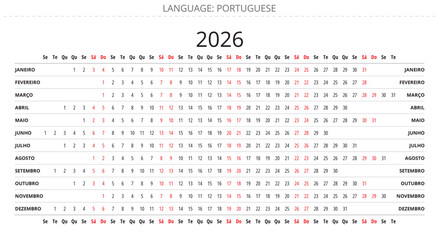 Portuguese linear calendar planer for Portugal. Vector