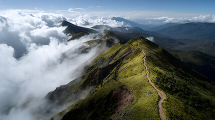 Mountain Landscape Adventure: Hiking Nature Trails through Majestic Mountains and Green Hills with Panoramic Views and Cloudy Skies for Scenic Summit Explorations