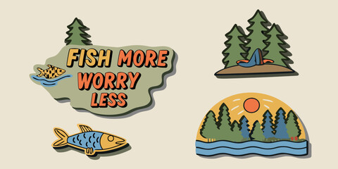 Escape the Daily Grind — Fish More, Worry Less set amidst serene nature scenes promoting relaxation, peace, and outdoor adventure in a calm vintage vector style.