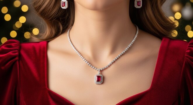Close-up of elegant jewelry on female model wearing festive dress