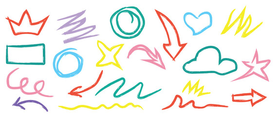 Hand Drawn Crayon and Chalk Doodle Elements | Pastel Scribbles, Simple Shapes, Arrows, and Icons Set