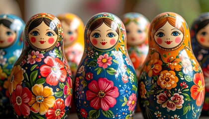 Vividly painted wooden dolls in a row with floral patterns