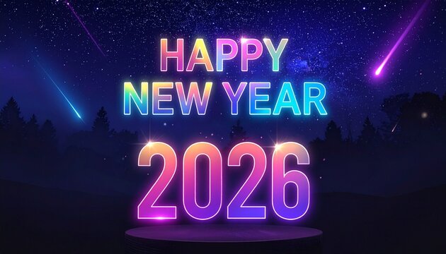 Vibrant Happy New Year 2026 Celebration with Luminous Neon Text and Shooting Stars