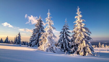 Winter wonderland scene with majestic snow-covered spruce trees under a clear blue sky and golden
