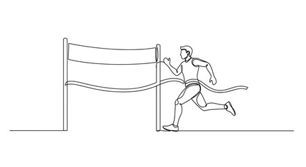 Continuous line drawing of a runner crossing finish line for victory in marathon race competition sport event