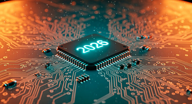 Close-up view of a microchip with glowing numbers 2026, surrounded by intricate circuit patterns, representing technology advancement and future innovation in electronics and computing