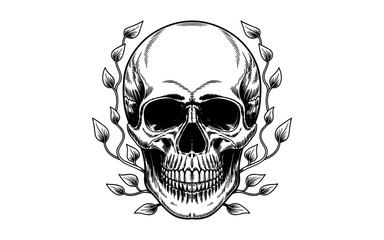 Obraz premium a detailed human skull surrounded by leaves, symbolizing life, death, and natural balance in gothic art