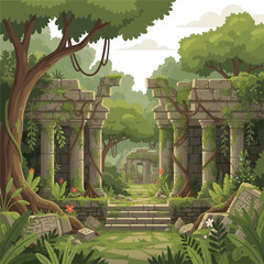 Stone pillars and archway of an ancient lost temple deep in the jungle. A mysterious path leads through overgrown ruins and lush green tropical foliage.