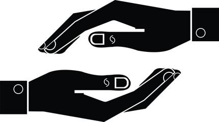 Black and white vector illustration of two symmetrical hands forming a protective gesture symbolizing care, insurance, safety, giving, and emotional support