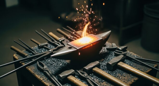 Workshop anvil with hammers and sparks for blacksmith craftsmanship design - Powered by Adobe