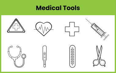 Medical Tools vector illustration showing eight black and white outline icons of healthcare equipment and symbols for hospital, clinic, and medical design projects