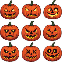 Set of Halloween scary pumpkins cut. Spooky creepy pumpkins cut
