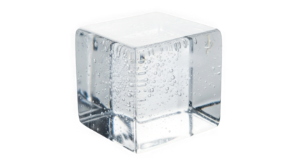 Crystal clear ice cube with tiny bubbles, perfect for refreshing drinks and modern cocktails