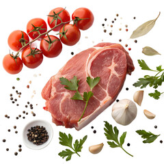 Fresh Raw Pork Chop with Cherry Tomatoes, Garlic, Herbs & Spices on White Background