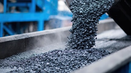 A large amount of black gravel is pouring out of a large container. The gravel is being poured out of a large container into a conveyor belt