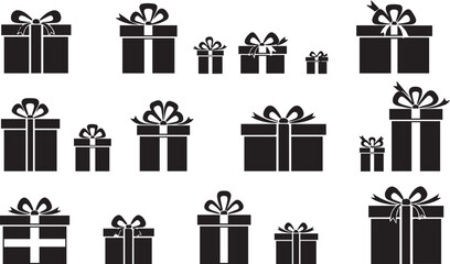 Collection of black silhouette gift boxes with ribbons and bows for holidays and celebrations