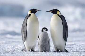 Fototapeta premium A family of Emperor penguins stands on a snow-covered surface
