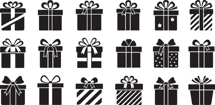 Collection of diverse black and white gift boxes with ribbons and bows in a grunge distressed style