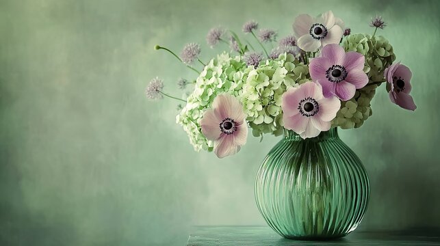 photo of a green glass vase, soft light, composition of anemones,