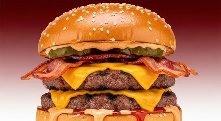 Mouthwatering double cheeseburger with bacon, pickle and special sauce