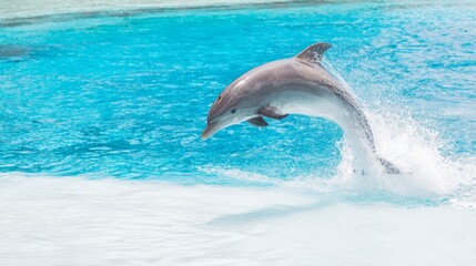 Obraz premium cetacean. Dolphin leaping from turquoise ocean waters, dynamic marine life in motion. wildlife magazines, conservation campaigns, designed for nature documentaries and education. 