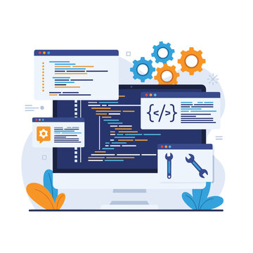 This illustration shows a computer screen displaying lines of code with gears and tools representing programming and development.