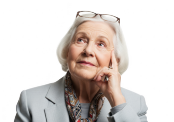Thoughtful elderly woman gazing upwards with hand on chin portrait studio shot transparent background