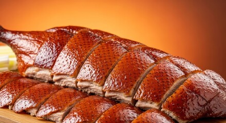 Perfectly roasted peking duck with crispy skin on a warm background