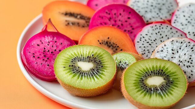 Sliced kiwi and dragon fruit arranged in a geometric pattern on a glossy white plate,