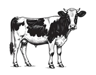 A detailed, monochrome illustration of a dairy cow standing, showcasing the characteristic black and white patches