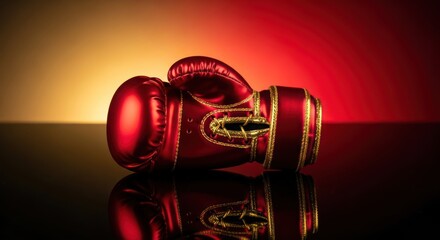 Reflective boxing glove with golden accents against a colorful background
