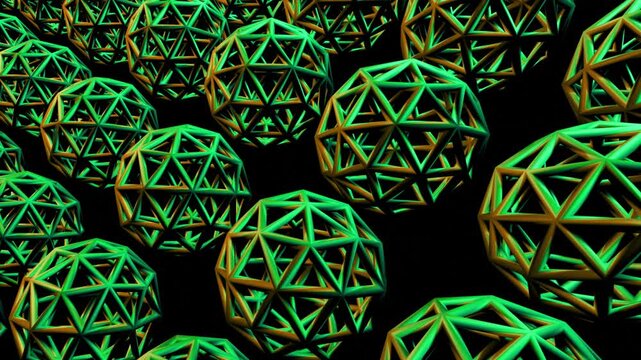 3d animation of wiremesh green sphere metal.Captivating green patterns emerge as dynamic light transforms the visual space in an intricate digital display