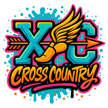Colorful graffiti-style &ldquo;XC Cross Country&rdquo; lettering with winged shoe and arrow. Dynamic sports typography design with splashes and bold lines. Track and Field Svg, Cross Country, CC, XC