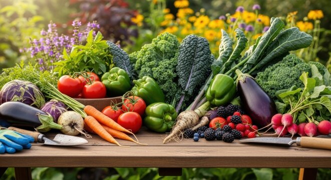 Vibrant harvest display with fresh vegetables and fruits in outdoor garden setting - Powered by Adobe