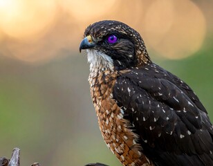 A detailed portrait of a raptor with striking plumages and piercing purple eye. Background is blurred