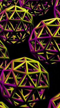 3d animation of wiremesh yellow and purple sphere metal.Captivating green patterns emerge as dynamic light transforms the visual space in an intricate digital display