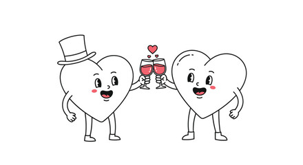 Naklejka premium Two cartoon hearts wearing a top hat and holding champagne glasses toast to celebrate love on their special day.