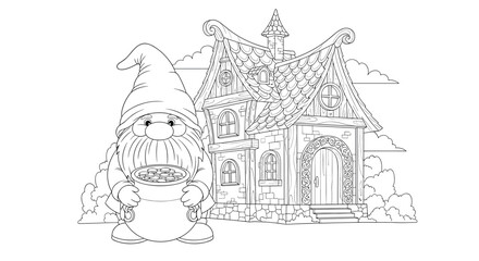 Naklejka premium A whimsical drawing of a magical gnome house nestled in a fantastical landscape full of wonder.