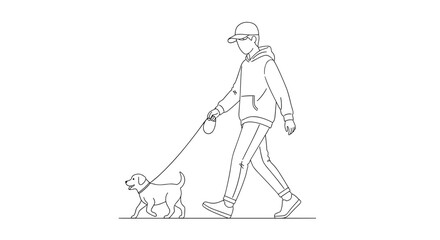 A person wearing a hat walks a small dog on a leash during the day.