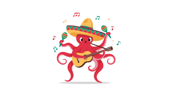 A playful octopus wearing a sombrero plays guitar and maracas celebrating