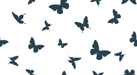A delicate pattern of silhouetted butterflies in flight across a white background.
