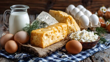 Table with a variety of dairy products including milk, cheese, and eggs. The tablecloth is blue and white