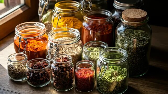 Assortment of glass jars filled with colorful spices and herbs on a wooden surface
