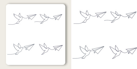 A minimalist dove drawing carrying a paper airplane conveying hope and dreams in simple line art vector illustration