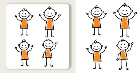 Childlike joy simple stick figures with open arms express happiness drawn in black lines and orange kids books type vector illustration 